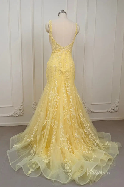 Yellow Beaded Lace Corset Mermaid Prom Dress with Deep V Neck & High Slit – LP004-prom dresses 2026-Viniodress-Yellow-Custom Size – Add Measurements in Cart-