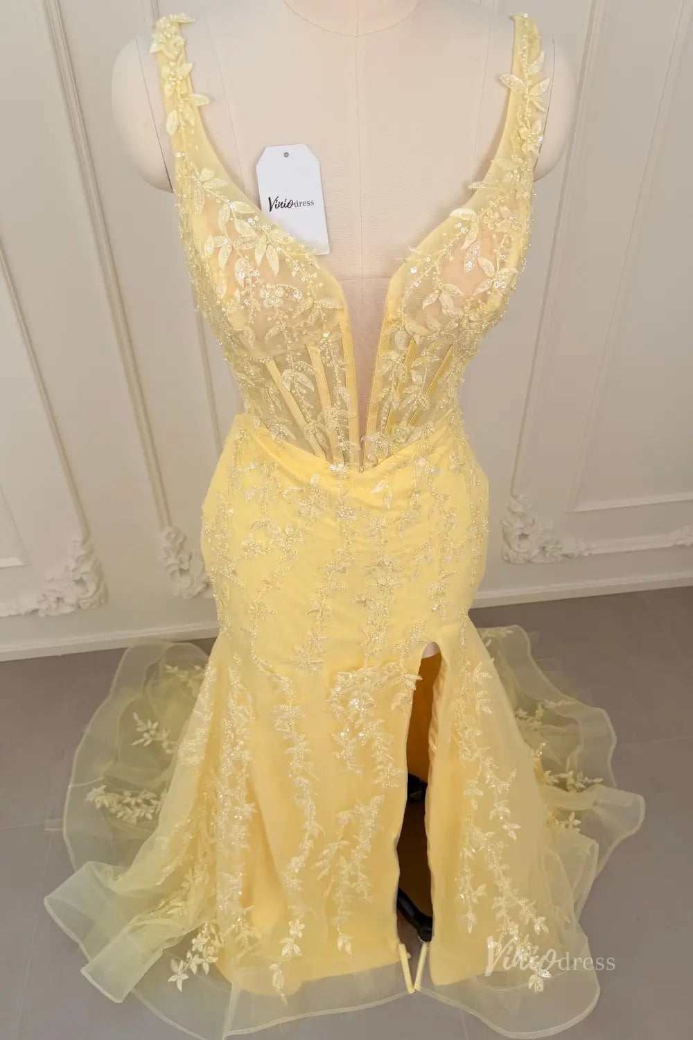 Yellow Beaded Lace Corset Mermaid Prom Dress with Deep V Neck & High Slit – LP004-prom dresses 2026-Viniodress-Yellow-Custom Size – Add Measurements in Cart-