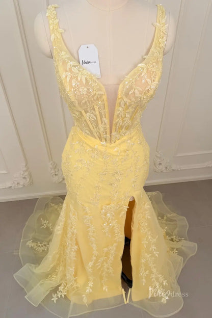 Yellow Beaded Lace Corset Mermaid Prom Dress with Deep V Neck & High Slit – LP004-prom dresses 2026-Viniodress-Yellow-Custom Size – Add Measurements in Cart-