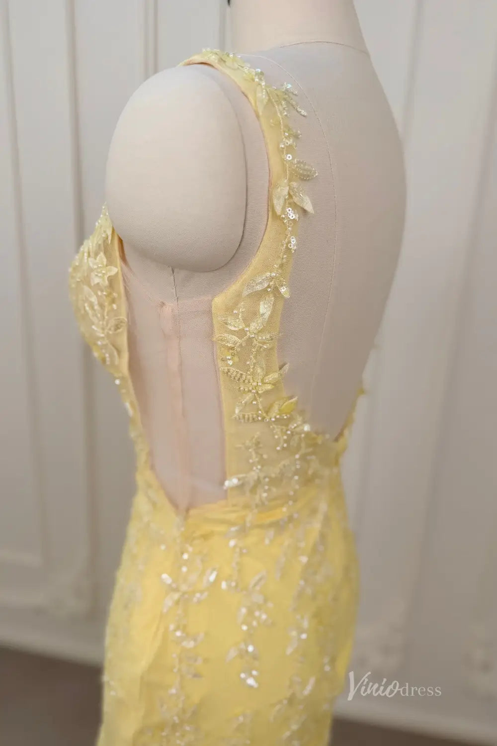 Yellow Beaded Lace Corset Mermaid Prom Dress with Deep V Neck & High Slit – LP004-prom dresses 2026-Viniodress-Yellow-Custom Size – Add Measurements in Cart-
