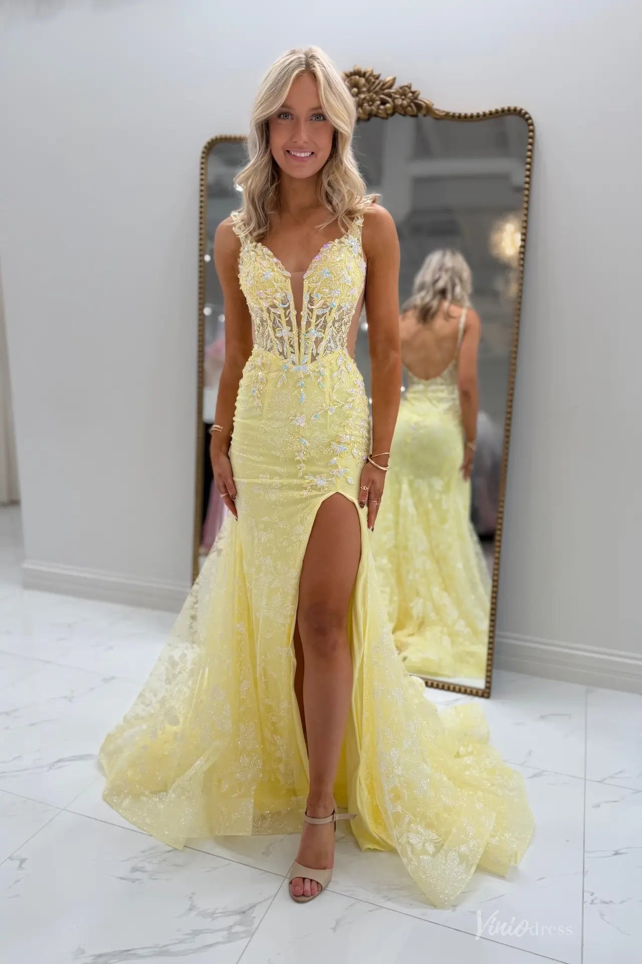 Yellow Beaded Lace Corset Mermaid Prom Dress with Deep V Neck & High Slit – LP004