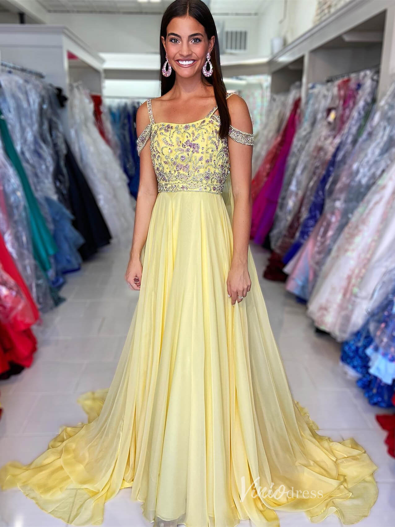 Yellow Beaded Lace Prom Dresses Chiffon Off the Shoulder Formal Dress FD4060 - Viniodressprom dressesYellowCustom Size - Formal Dresses - Ball Gowns