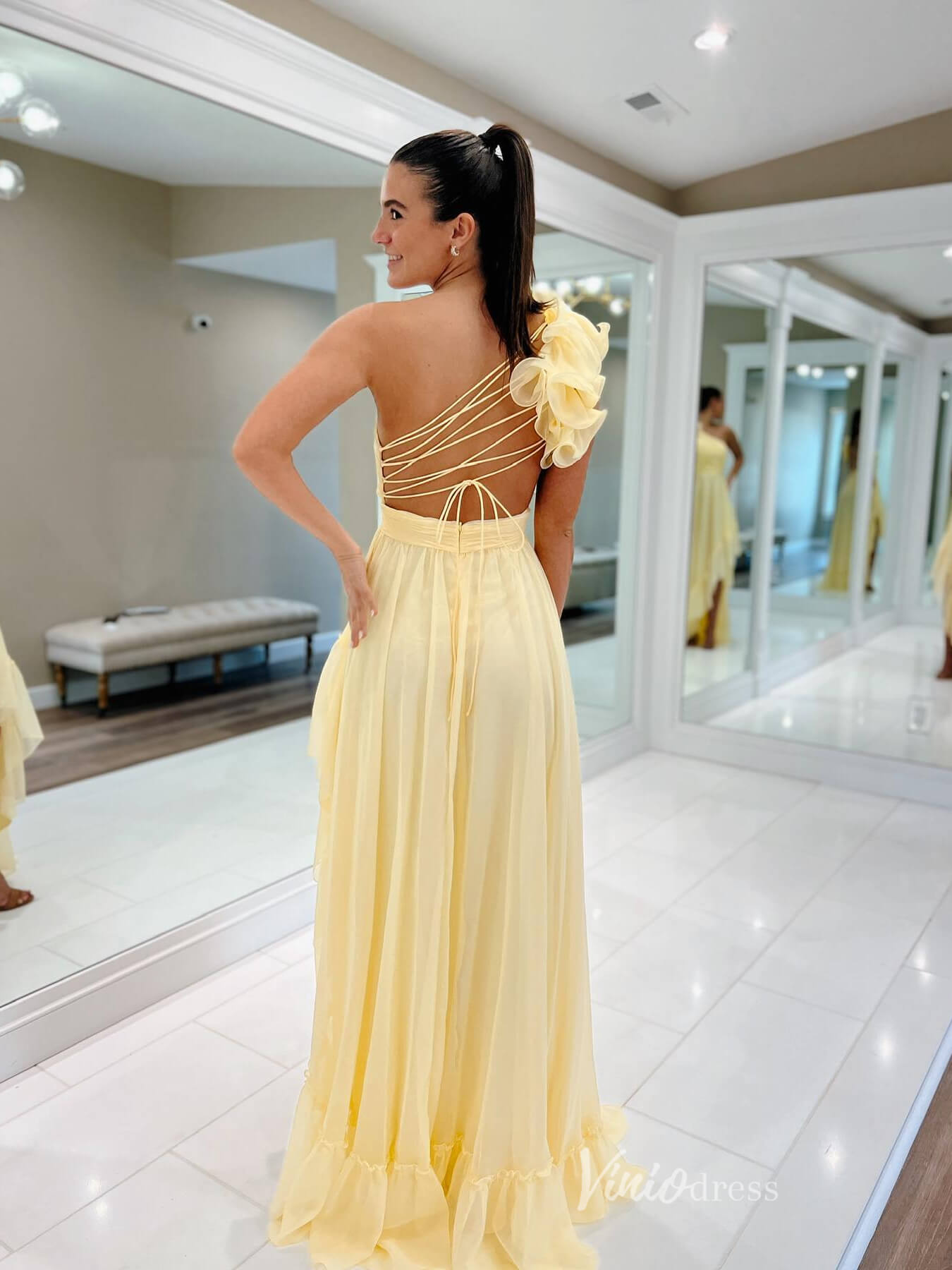Yellow Chiffon One Shoulder Prom Dresses Pleated Bodice High-Low Tiere Viniodress Yellow Chiffon One Shoulder Prom Dresses Pleated Bodice High-Low Tiere Viniodress