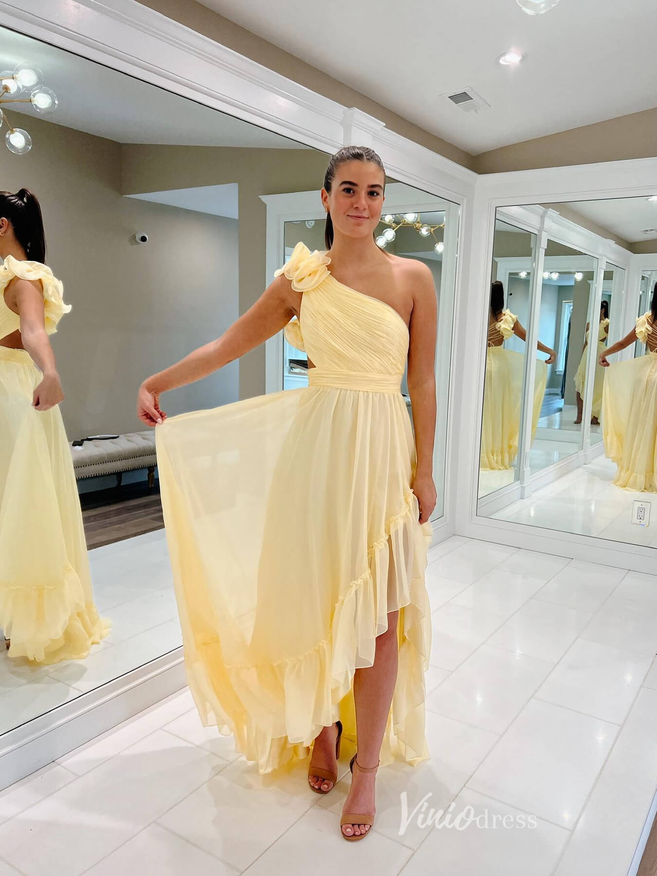 Yellow Chiffon One Shoulder Prom Dresses Pleated Bodice High - Low Tiered FD3691 - Viniodressprom dressesYellowCustom Size - Formal Dresses - Ball Gowns