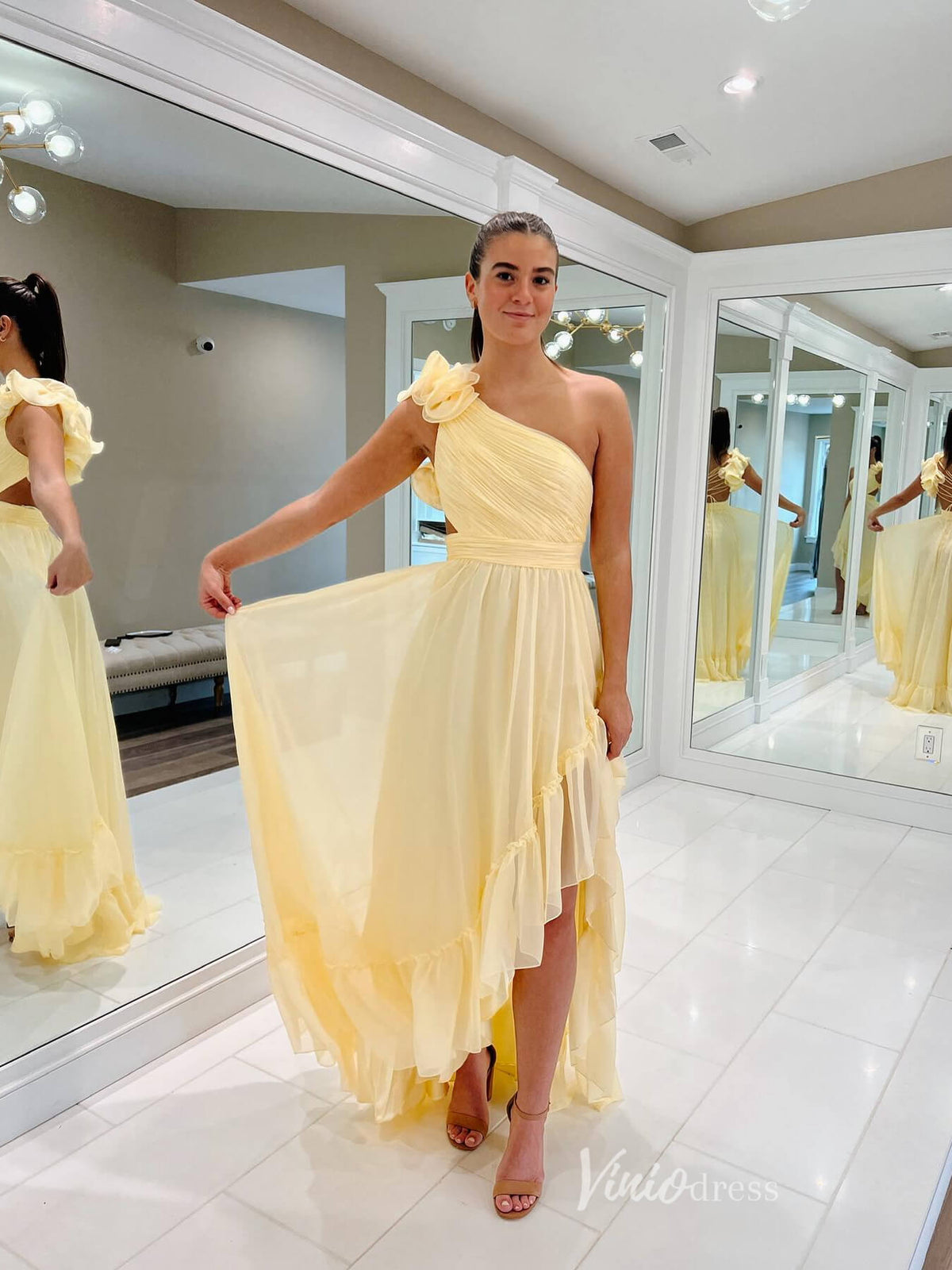 Prom Dress 2025 Yellow Chiffon One Shoulder Cheap Prom Dresses Pleated Bodice High-Low Tiered FD3691-unique prom dresses-Yellow-Custom Size-Viniodress