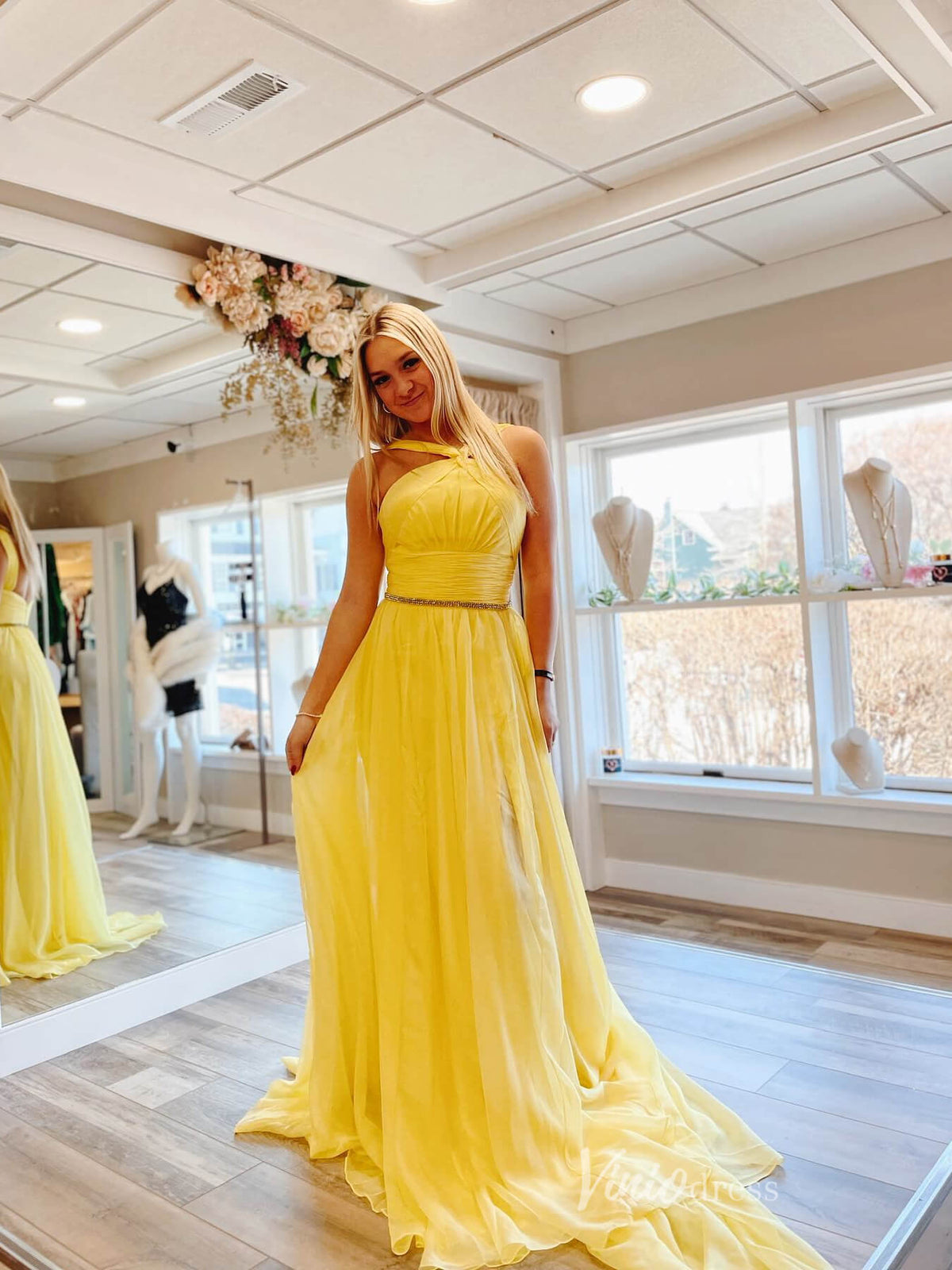 Yellow Chiffon Pleated Cheap Prom Dresses Wide Strap Beaded Waist FD3696-prom dresses-Viniodress-Yellow-Custom Size-Viniodress