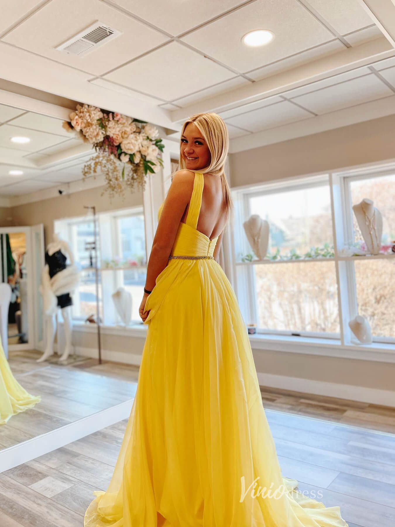 Yellow Chiffon Pleated Prom Dresses Wide Strap Beaded Waist FD3696 - Viniodressprom dressesYellowCustom Size - Formal Dresses - Ball Gowns