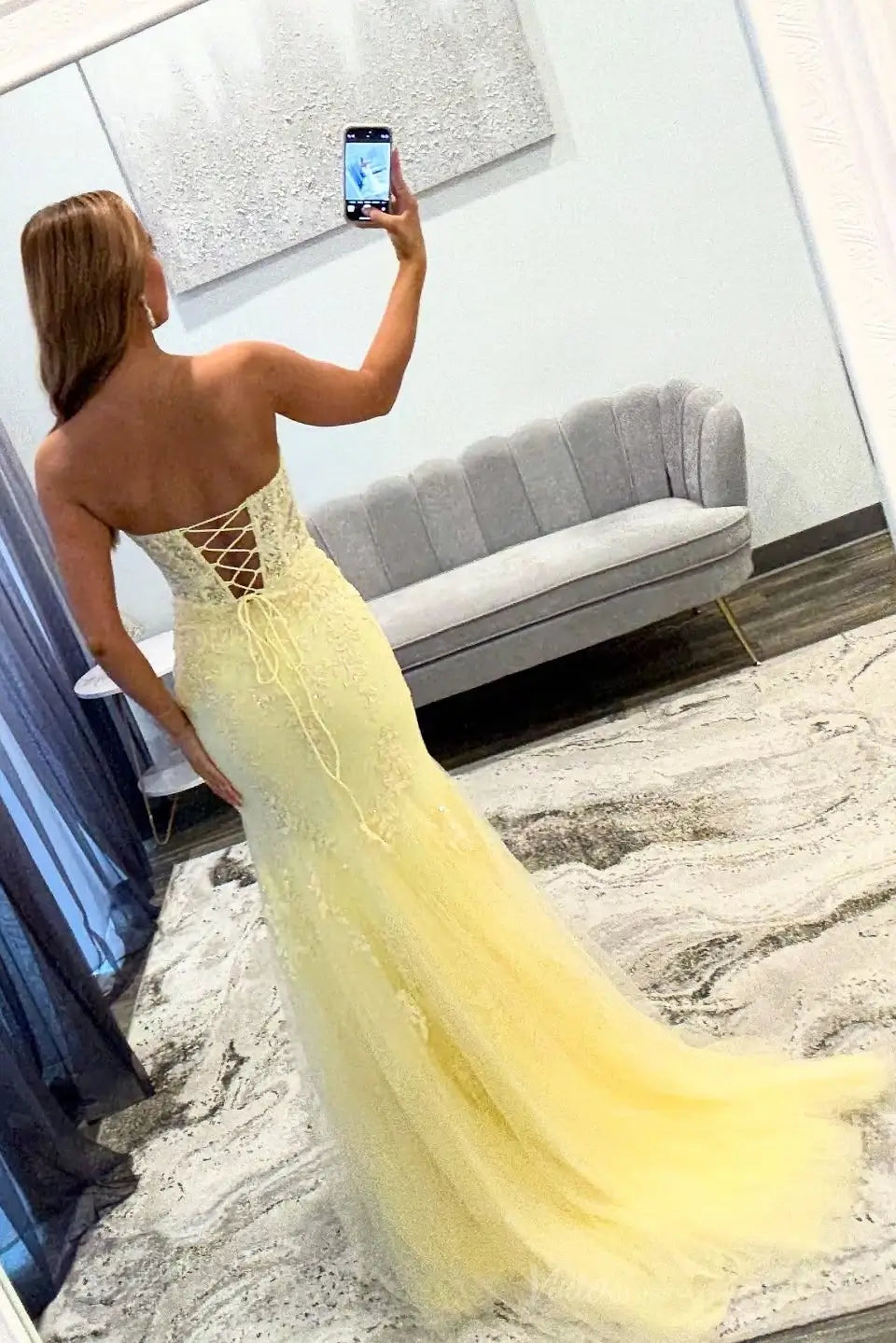 Yellow Cutout Lace Mermaid Prom Dress with High Slit & Lace-Up Back – LP042-Prom Dresses 2026-Viniodress-Yellow-Custom Size-