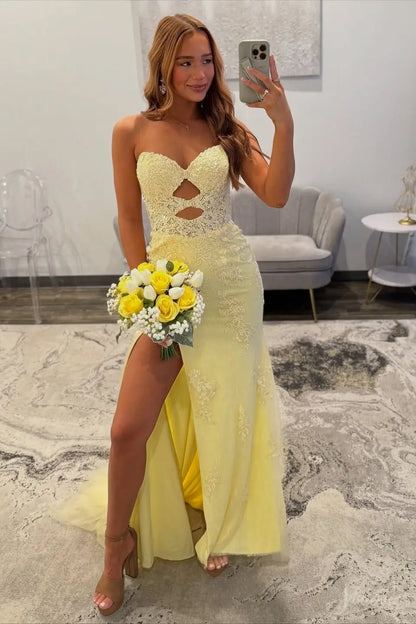 Yellow Cutout Lace Mermaid Prom Dress with High Slit & Lace-Up Back – LP042-Prom Dresses 2026-Viniodress-Yellow-Custom Size-