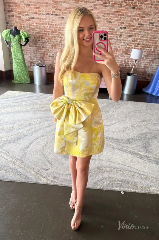 Yellow Floral Brocade Strapless Homecoming Dress with Oversized Bow and Crystal Detail – H1171-Homecoming Dresses 2025 -Viniodress-Yellow-Custom Size-