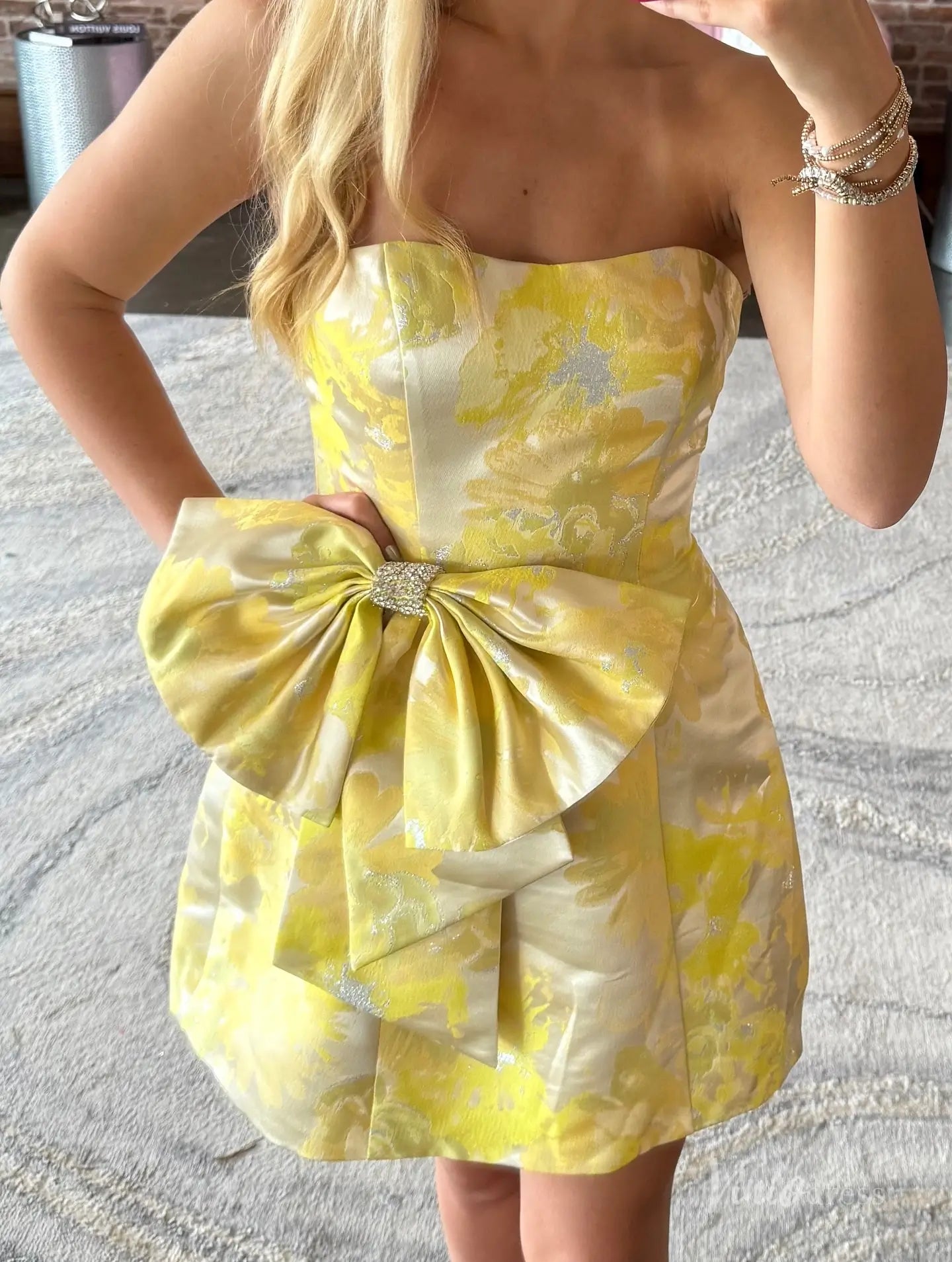 Yellow Floral Brocade Strapless Homecoming Dress with Oversized Bow and Crystal Detail – H1171-Homecoming Dresses 2025 -Viniodress-Yellow-Custom Size-