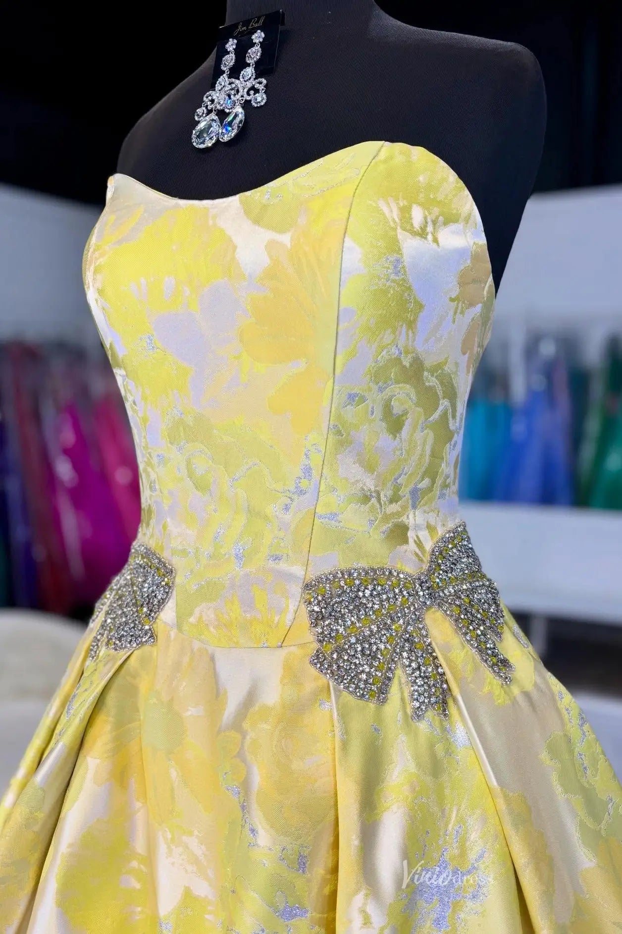 JC014 Jacquard, crystal bow-prom dresses 2026-Viniodress-Yellow-Custom Size-
