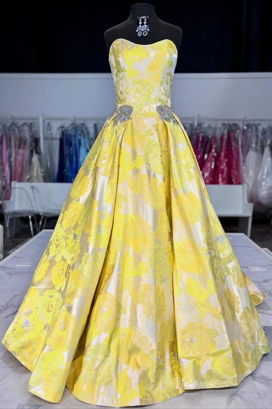 JC014 Jacquard, crystal bow-prom dresses 2026-Viniodress-Yellow-Custom Size-