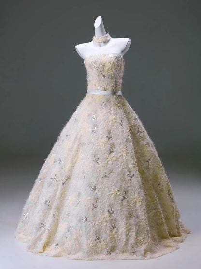 Yellow Floral Lace Formal Dress Strapless Ball Gown - CQ0132-Couture Gown 2025 -Viniodress-Yellow-Custom Size-