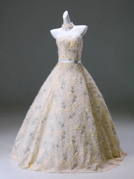 Yellow Floral Lace Formal Dress Strapless Ball Gown - CQ0132-Couture Gown 2025 -Viniodress-Yellow-Custom Size-