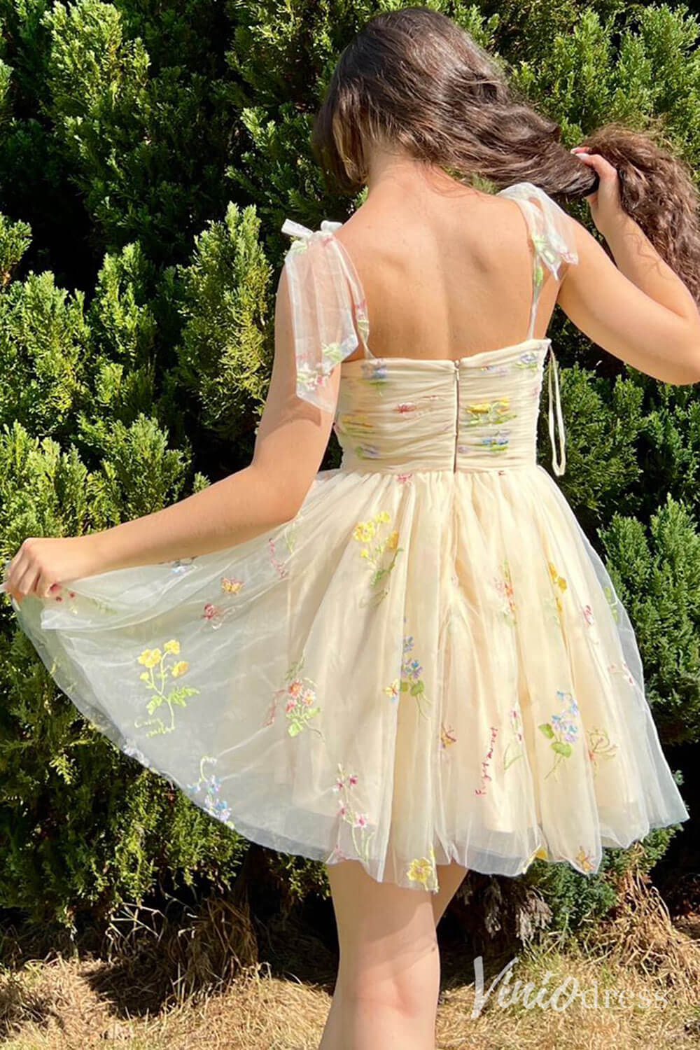 Yellow Floral Lace Homecoming Dresses Spaghetti Strap Graduation Dress SD1667-Homecoming Dresses 2025 -Viniodress-Yellow-Custom Size-