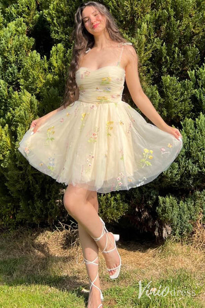 Yellow Floral Lace Homecoming Dresses Spaghetti Strap Graduation Dress SD1667-Homecoming Dresses 2025 -Viniodress-Yellow-Custom Size-
