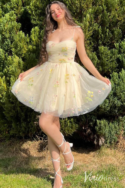 Yellow Floral Lace Homecoming Dresses Spaghetti Strap Graduation Dress SD1667 - ViniodressHomecoming DressesYellowCustom Size - Formal Dresses - Ball Gowns