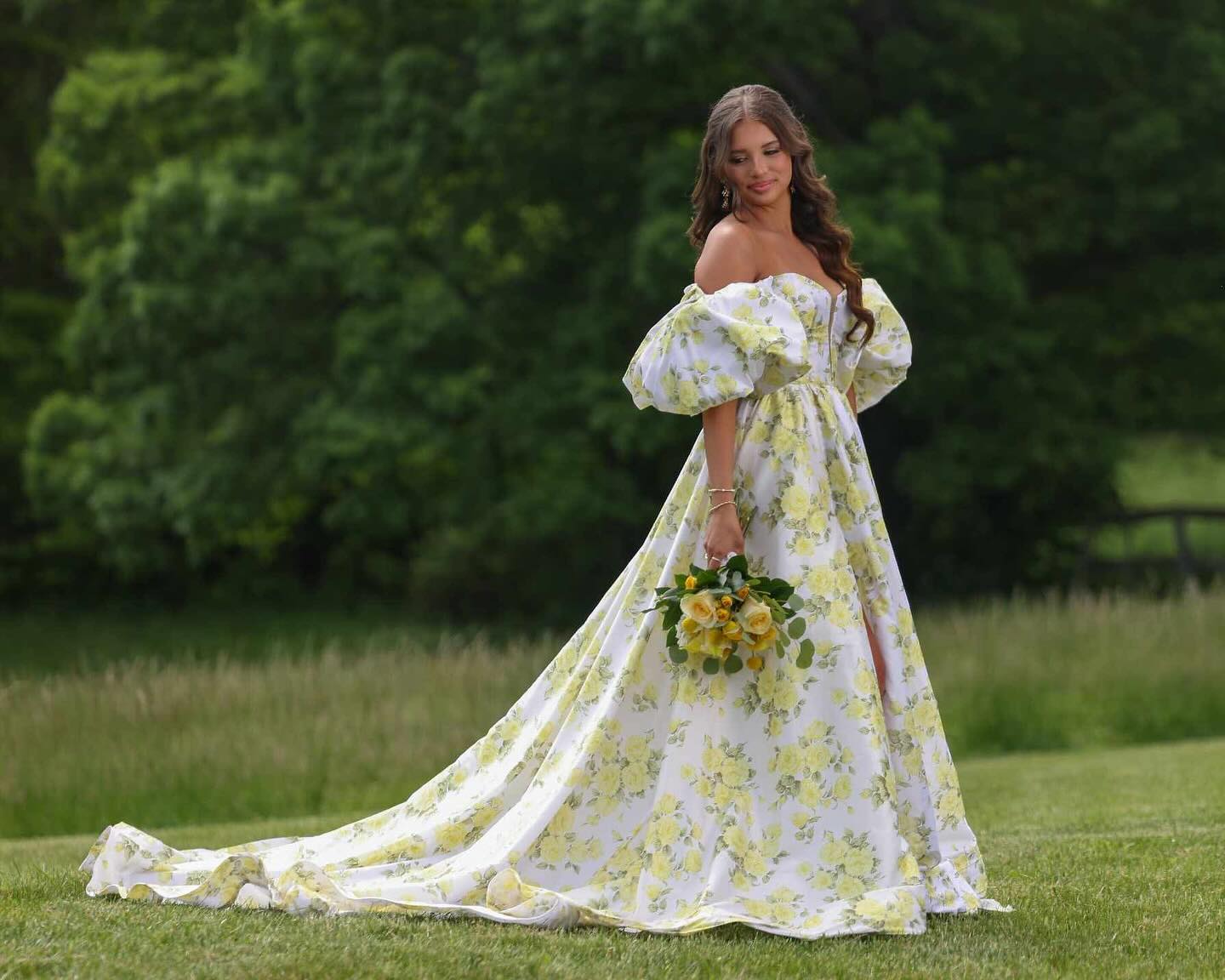 Yellow Floral Off-Shoulder Puff Sleeve Prom Dress with Slit – FD6119-prom dresses 2025 -Viniodress-Yellow-Custom Size-