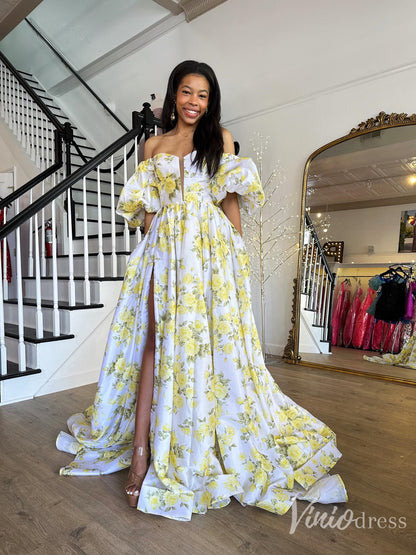 Yellow Floral Off-Shoulder Puff Sleeve Prom Dress with Slit – FD6119-prom dresses 2025 -Viniodress-Yellow-Custom Size-