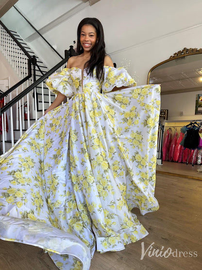 Yellow Floral Off-Shoulder Puff Sleeve Prom Dress with Slit – FD6119-prom dresses 2025 -Viniodress-Yellow-Custom Size-