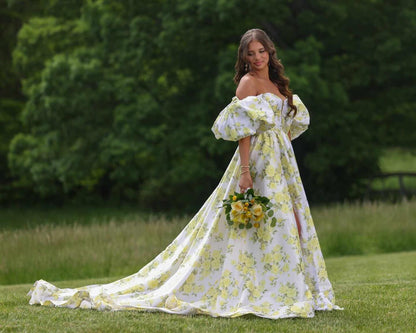 Yellow Floral Off-Shoulder Puff Sleeve Prom Dress with Slit – FD6119-prom dresses 2025 -Viniodress-Yellow-Custom Size-