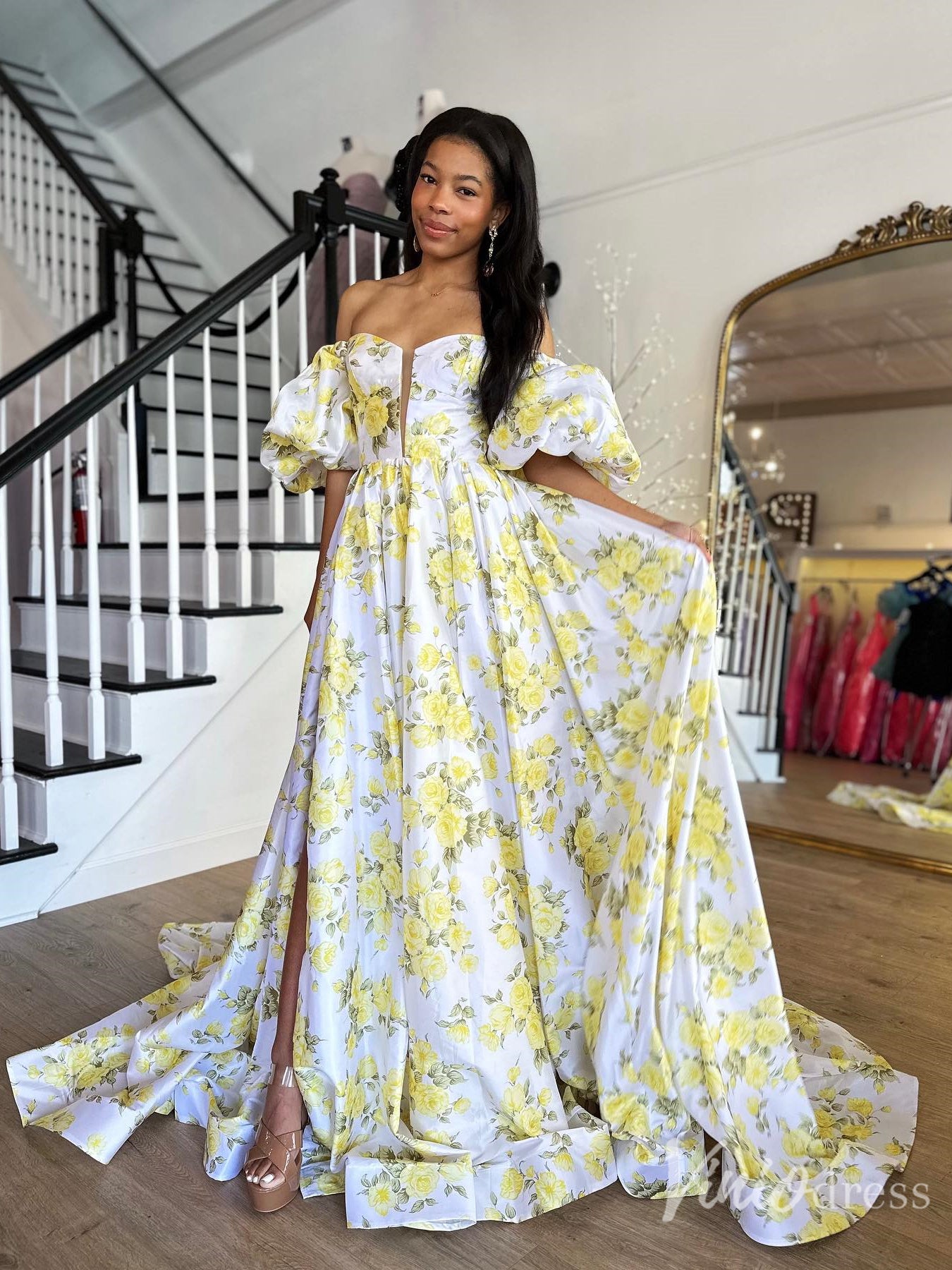 Yellow Floral Puff Sleeve Prom Dress with Slit FD6119 Viniodress Yellow Floral Puff Sleeve Prom Dress with Slit FD6119 Viniodress