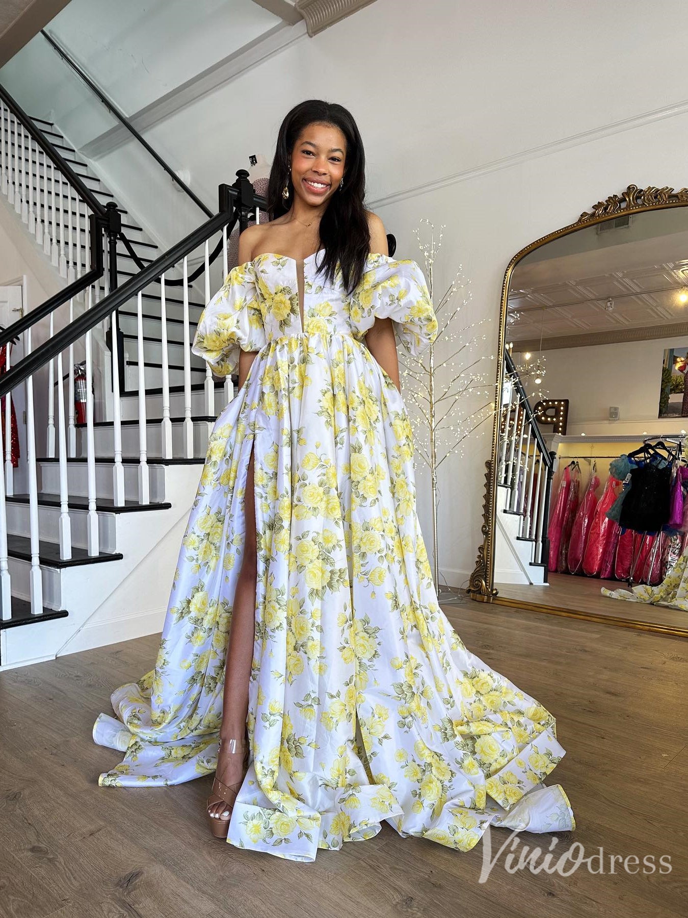 Yellow Floral Puff Sleeve Prom Dress with Slit FD6119 Viniodress Yellow Floral Puff Sleeve Prom Dress with Slit FD6119 Viniodress