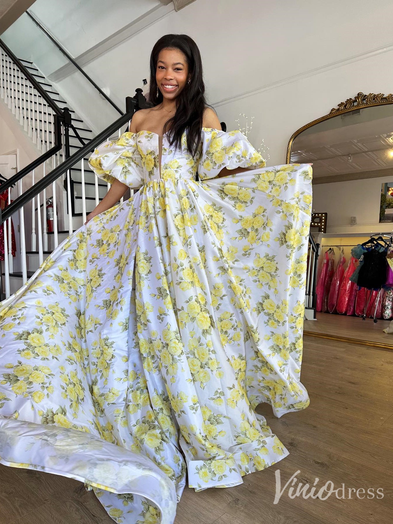 Yellow Floral Puff Sleeve Prom Dress with Slit FD6119 Viniodress Yellow Floral Puff Sleeve Prom Dress with Slit FD6119 Viniodress