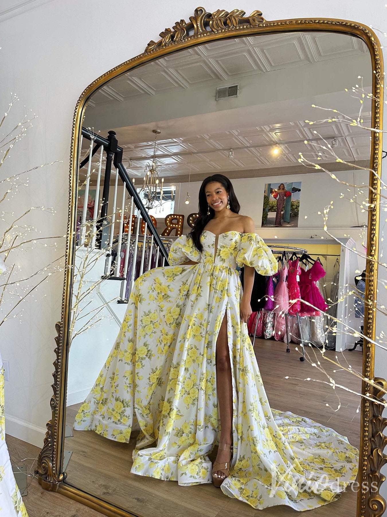 Yellow Floral Puff Sleeve Prom Dress with Slit FD6119 Viniodress Yellow Floral Puff Sleeve Prom Dress with Slit FD6119 Viniodress