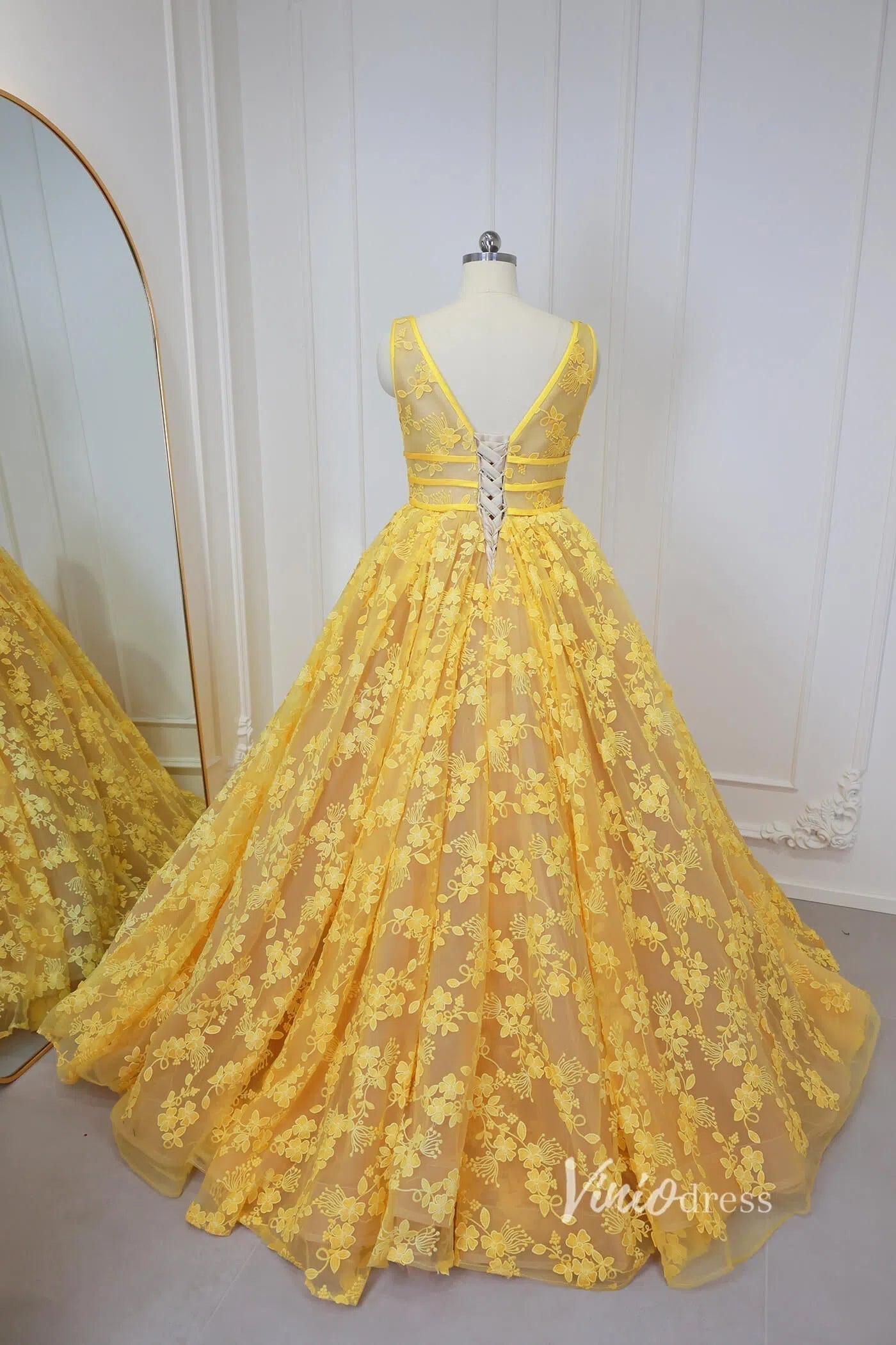 Yellow Floral Prom Dresses 2024 Ball Gown Princess Dress Vestidos de xv SD1430L-prom dresses 2025 -Viniodress-Yellow-Custom Size-