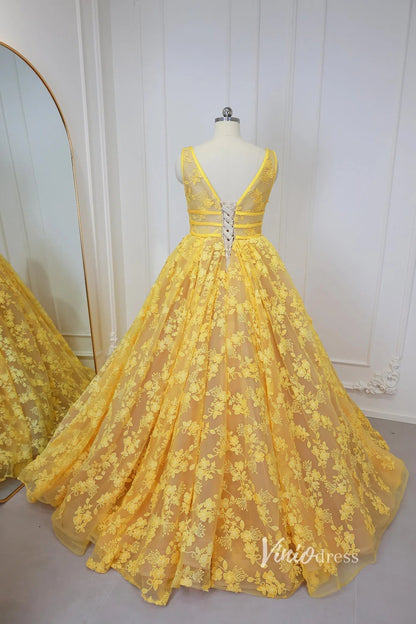 Yellow Floral Prom Dresses 2024 Ball Gown Princess Dress Vestidos de xv SD1430L-prom dresses 2025 -Viniodress-Yellow-Custom Size-