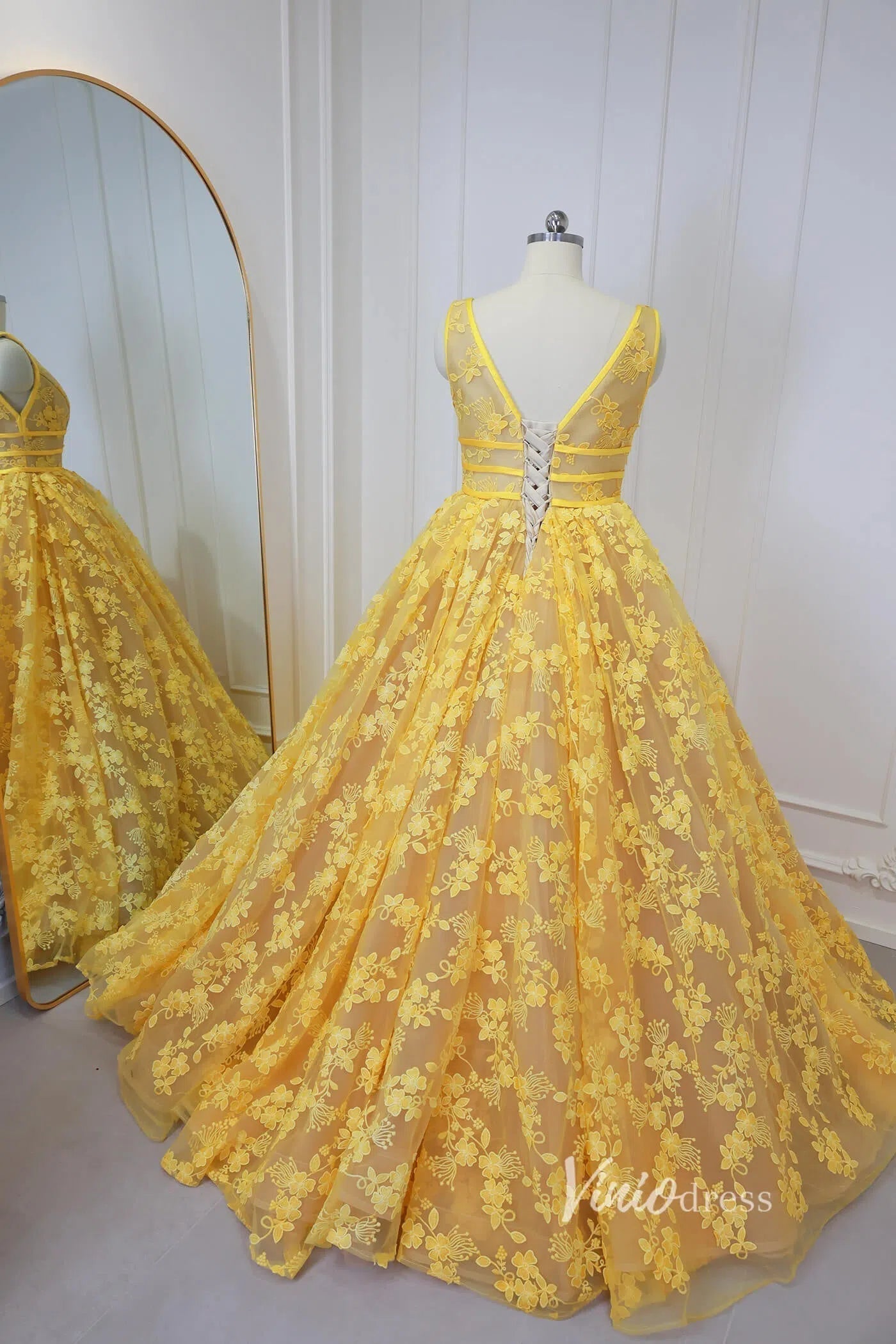 Yellow Floral Prom Dresses 2024 Ball Gown Princess Dress Vestidos de xv SD1430L-prom dresses 2025 -Viniodress-Yellow-Custom Size-