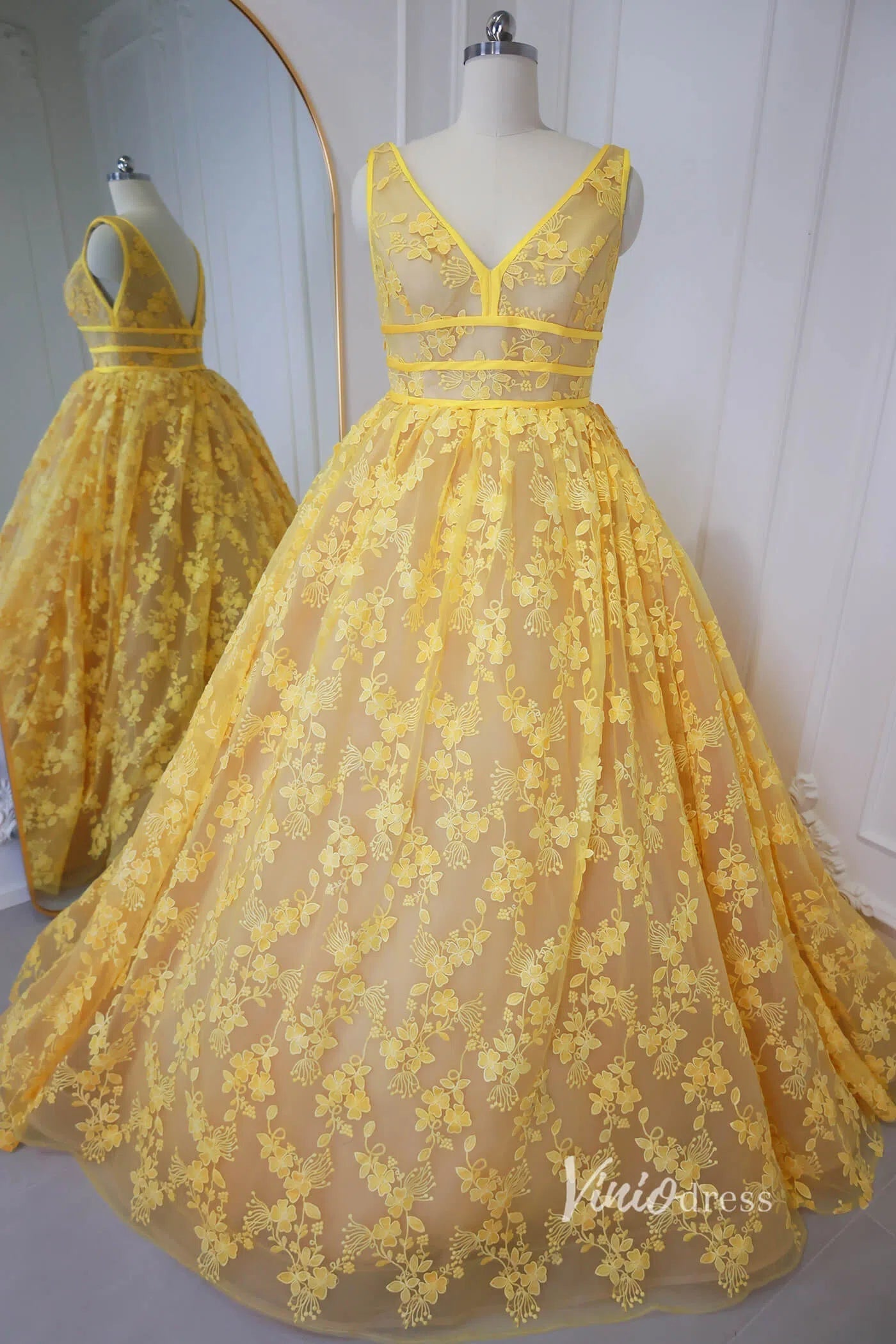Yellow Floral Prom Dresses 2024 Ball Gown Princess Dress Vestidos de xv SD1430L-prom dresses 2025 -Viniodress-Yellow-Custom Size-