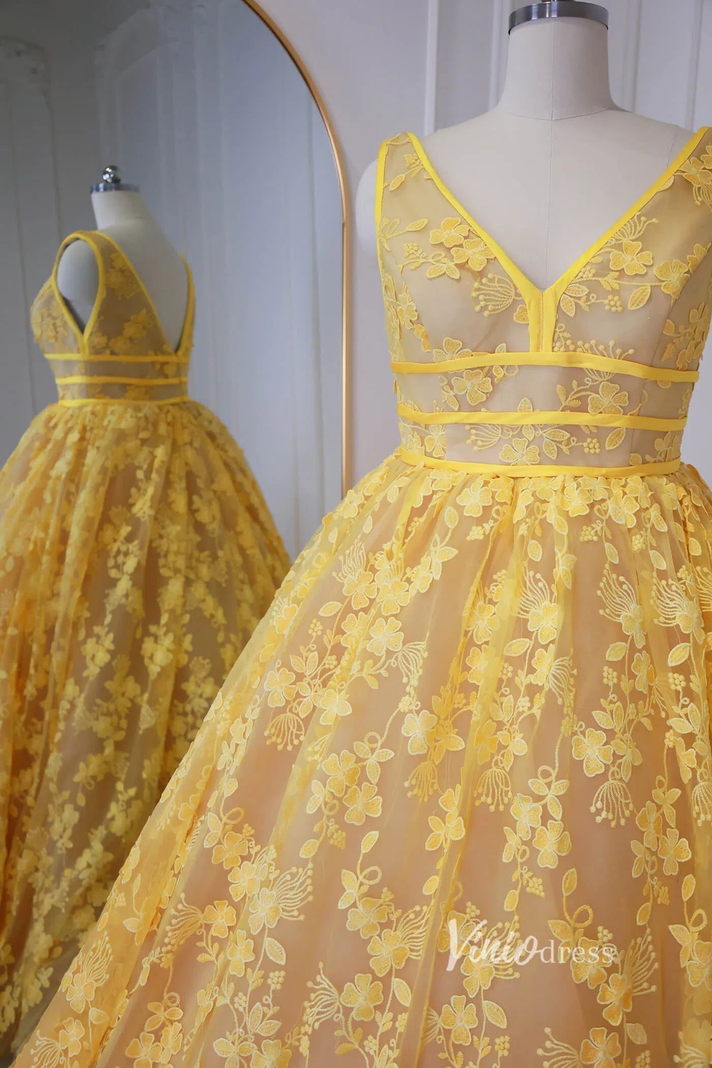 Yellow Floral Prom Dresses 2024 Ball Gown Princess Dress Vestidos de xv SD1430L-prom dresses 2025 -Viniodress-Yellow-Custom Size-
