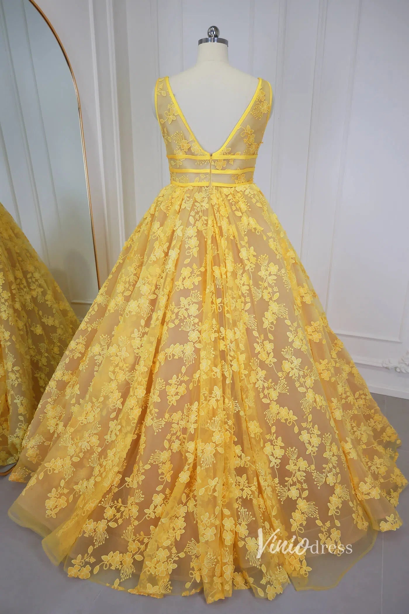 Yellow Floral Prom Dresses 2024 Ball Gown Princess Dress Vestidos de xv SD1430L-prom dresses 2025 -Viniodress-Yellow-Custom Size-