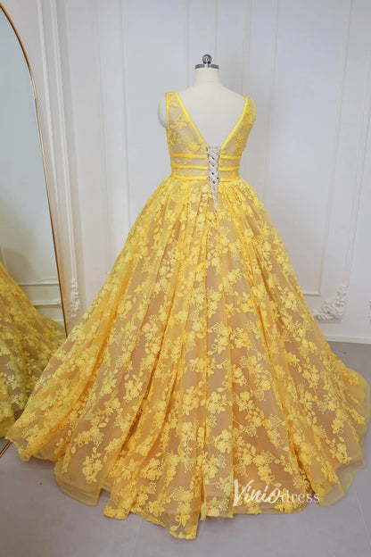 Yellow Floral Prom Dresses 2024 Ball Gown Princess Dress Vestidos de xv SD1430L-prom dresses 2025 -Viniodress-Yellow-Custom Size-