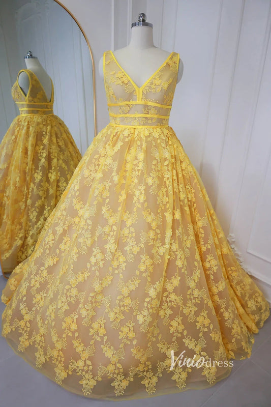 Yellow Floral Prom Dresses 2024 Ball Gown Princess Dress Vestidos de xv SD1430L-prom dresses 2025 -Viniodress-Yellow-Custom Size-
