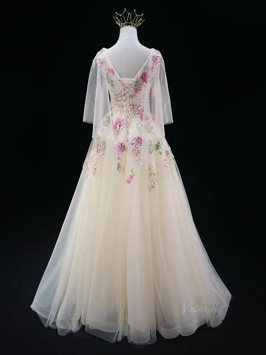 Yellow Floral Tulle Prom Dresses with V-Neck, Sparkly Lace, Boat Neck, Formal Dresses SU043-prom dresses 2025 -Viniodress-Yellow-Custom Size-