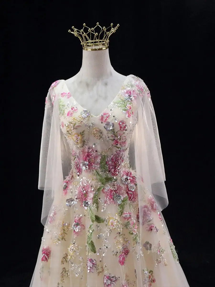 Yellow Floral Tulle Prom Dresses with V-Neck, Sparkly Lace, Boat Neck, Formal Dresses SU043-prom dresses 2025 -Viniodress-Yellow-Custom Size-