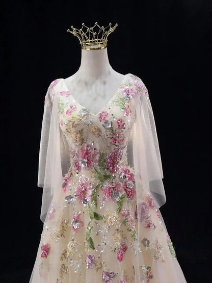Yellow Floral Tulle Prom Dresses with V-Neck, Sparkly Lace, Boat Neck, Formal Dresses SU043-prom dresses 2025 -Viniodress-Yellow-Custom Size-