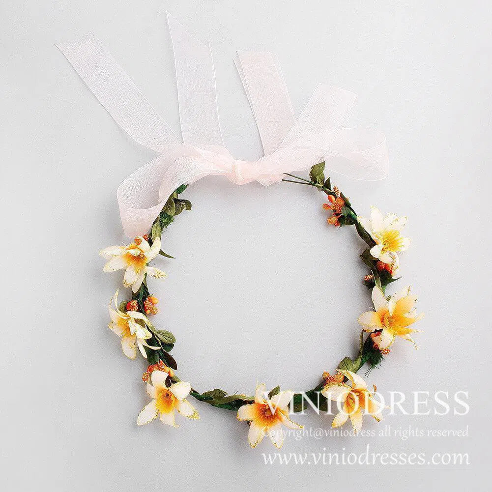 Yellow Flower Crown Headband with Pink Ribbon Tie AC1050-Floral Crowns-Viniodress-Gold-Viniodress