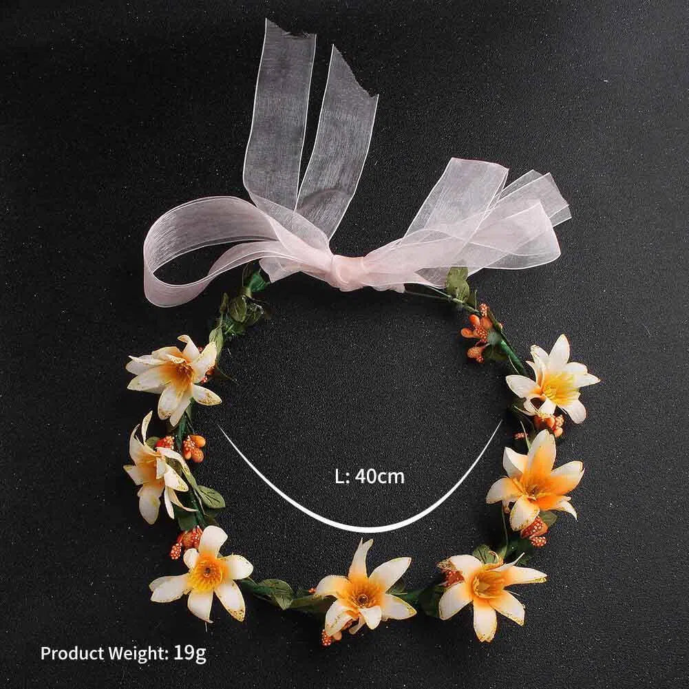 Yellow Flower Crown Headband with Pink Ribbon Tie AC1050-Floral Crowns-Viniodress-Gold-Viniodress