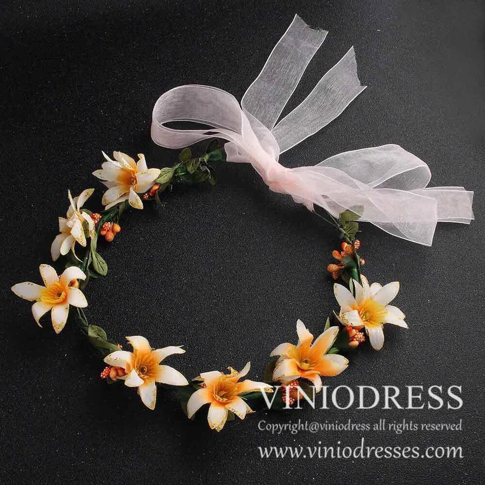 Yellow Flower Crown Headband with Pink Ribbon Tie AC1050-Floral Crowns-Viniodress-Gold-Viniodress