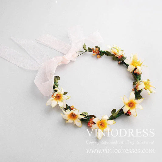 Yellow Flower Crown Headband with Pink Ribbon Tie AC1050-Floral Crowns-Viniodress-Gold-Viniodress