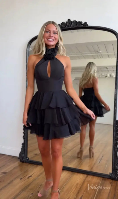 Yellow Halter Homecoming Dress with Floral Neck Detail, Keyhole Cutout & Tiered Ruffle Skirt – H1182-Homecoming Dresses 2025 -Viniodress-Black-Custom Size-