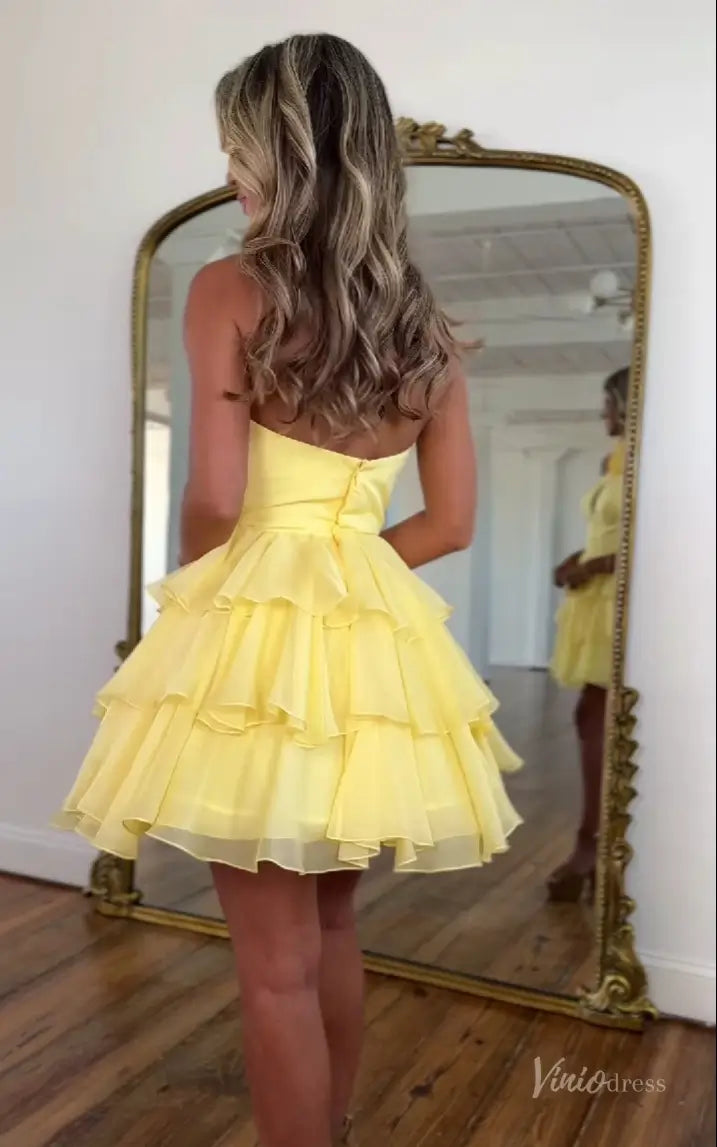 Yellow Halter Homecoming Dress with Floral Neck Detail, Keyhole Cutout & Tiered Ruffle Skirt – H1182-Homecoming Dresses 2025 -Viniodress-Yellow-Custom Size-