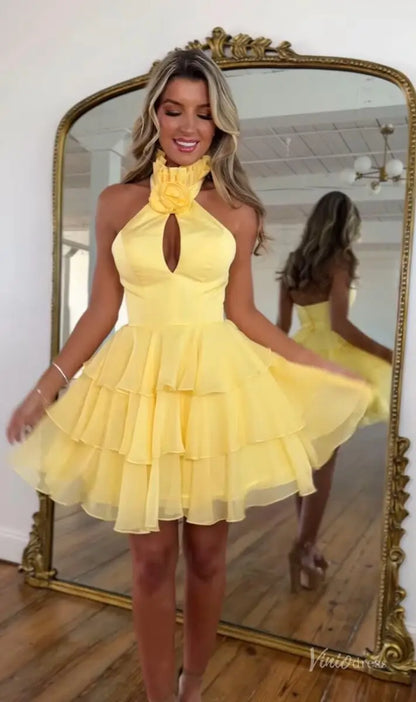 Yellow Halter Homecoming Dress with Floral Neck Detail, Keyhole Cutout & Tiered Ruffle Skirt – H1182-Homecoming Dresses 2025 -Viniodress-Yellow-Custom Size-