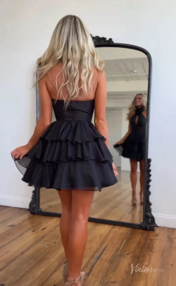 Yellow Halter Homecoming Dress with Floral Neck Detail, Keyhole Cutout & Tiered Ruffle Skirt – H1182-Homecoming Dresses 2025 -Viniodress-Yellow-Custom Size-