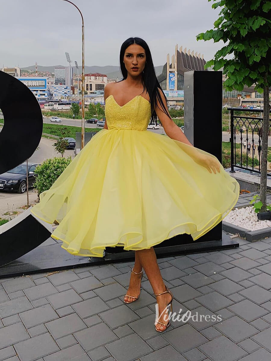 Yellow Homecoming Dresses Strapless Tea Length Hoco Dress FD2800-Homecoming Dresses 2025 -Viniodress-Yellow-Custom Size-
